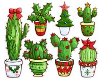 Festive cactus collection decorated with Christmas ornaments, bows, and stars in decorative pots. Holiday-themed succulents with holly and seasonal elements.