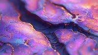 Abstract fluid art macro photography with purple, gold and pink iridescent paint texture showing organic flowing patterns and cracks.
