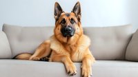German Shepherd dog with tan and black fur lying on gray couch, alert expression and upright ears, looking directly at camera in home setting.