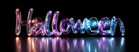 Glowing neon Halloween text with colorful gradient from pink to blue reflects on dark surface creating festive holiday atmosphere.