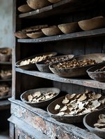 Rustic wooden shelves displaying dried medicinal herbs and roots in antique ceramic bowls, creating moody atmospheric composition with natural healing ingredients.