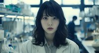 Young Asian woman with long dark wavy hair and bangs wearing white collar shirt looking directly at camera with serious expression in blurred urban setting.