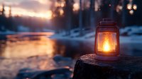 Glowing lantern on wooden log creates warm ambiance during winter sunset by frozen lake. Cozy outdoor lighting for camping, romance, and seasonal decoration.