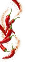 Red hot chili peppers with paprika powder explosion on white background. Fresh spicy vegetables for cooking and seasoning culinary designs.