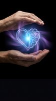 Protective hands surrounding glowing heart-brain symbol representing mental health care, emotional wellness, and psychological protection on black background.