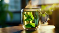 Fresh mint leaves in double wall glass tea cup on wooden table with soft natural lighting and bokeh background, morning herbal drink concept.