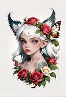 Fantasy female character with white hair, cat ears and red roses. Butterfly and floral decorative elements frame her portrait in anime style on light background.