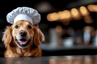 Smiling golden retriever dog wearing white chef hat in restaurant kitchen with blurred bokeh lights background. Professional pet photography for menu design.