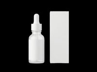 Cosmetic dropper bottle with white pipette cap and blank rectangular box isolated on transparent background, ready for branding, packaging design, product mockups, sublimation, and print-on-demand applications.