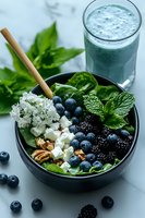 Fresh salad bowl with blueberries, blackberries, feta cheese, walnuts and spinach leaves served with blue spirulina smoothie on marble background.
