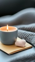 Glowing candle and knitted heart on notebook with cozy gray blanket creating peaceful atmosphere for relaxation, meditation, and self-care moments.