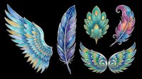 Colorful feathers and angel wings set isolated on transparent background, ready for stickers, t-shirt design, sublimation, print on demand, and clipart use.