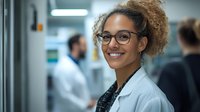 Young mixed-race woman with curly hair and glasses wearing lab coat in modern medical facility, smiling at camera with colleagues in background.