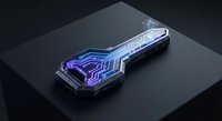 Futuristic gaming smartphone with glowing purple circuit board patterns and transparent case design on dark surface for technology concepts.