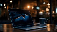 Laptop displaying financial trading chart with stock market data on screen in dark coffee shop setting with coffee cup and ambient bokeh lights in background.