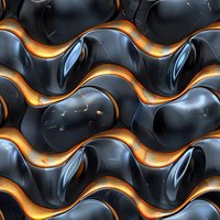 Abstract wavy pattern with metallic black and copper elements creating dimensional optical effect. Seamless repeating design with glossy curved shapes and light reflections.