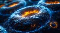 Glowing blue and orange bacteria cells with luminescent effect on dark background, microscopic view of microorganisms for scientific research and medical studies.