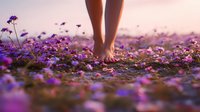 Barefoot woman walking through purple wildflower meadow at sunset. Dreamy atmospheric nature photography with soft focus and pink sky background.
