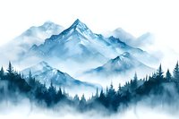 Misty mountain landscape with snow-capped peaks and pine forest silhouettes in blue watercolor style, foggy wilderness scenery for wall art and design projects.