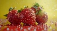 Fresh ripe strawberries with water drops on reflective surface against yellow background, macro food photography with bokeh effect and splash details.