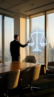 Professional lawyer in modern office touching digital justice scales hologram on window overlooking city skyline during golden hour for legal services.