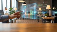 Businessman touching holographic financial charts and graphs displaying market data analytics in modern office workspace for business intelligence.