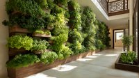 Vertical garden with lush green plants in wooden planters along hallway wall, creating natural indoor atmosphere for eco-friendly interior design.