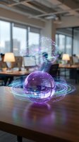Holographic brain and sphere with digital circuits floating above modern office desk representing artificial intelligence and futuristic technology concepts.