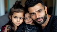 Middle Eastern father with two young daughters sharing tender family moment at home, expressing joy and connection through genuine smiles and close embrace.