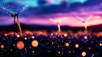 Magical wind turbines silhouetted against purple sunset sky with glowing particles and bokeh lights creating dreamy atmospheric landscape. Sustainable energy concept.