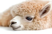 Close up portrait of young beige alpaca lying down showing soft fluffy wool texture and gentle facial features against white background, isolated.