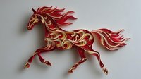 Red and gold paper quilling horse figurine with ornate swirling patterns on light background, showcasing intricate handcraft artistry.