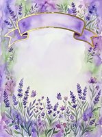 Lavender flowers frame an empty ribbon banner on watercolor background, isolated on white for greeting cards, invitations, and design projects.