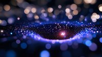 Digital particle wave with glowing dots and bokeh lights creating futuristic data visualization for technology and science presentations.