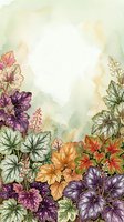 Watercolor floral border frame with purple, pink, orange and red blooms, green foliage, and soft washes creating negative space for text or design placement.