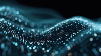 Abstract digital wave of glowing blue particles on black background, representing data flow and technology innovation for tech presentations.