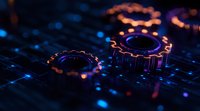 Glowing mechanical gears on digital circuit background with blue and orange light effects create futuristic technology concept for business automation.