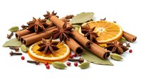 Aromatic winter spices collection with cinnamon sticks, star anise, dried orange slices, bay leaves and peppercorns isolated on white background for cooking.