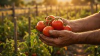 Farmer hands holding fresh ripe red tomatoes with green leaves in sunny vineyard garden during golden hour harvest time for organic farming and agriculture.
