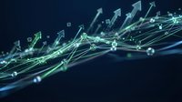 Digital network with glowing green arrows rising upward, connected nodes on dark blue background, symbolizing growth, data flow, and financial success.