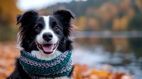Happy Border Collie dog wearing knitted scarf outdoors in autumn with colorful fall foliage and lake in background.