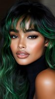 Young woman with emerald green ombre hair, full lips, and dramatic eye makeup wearing black turtleneck. Close-up beauty portrait showcasing glowing skin and modern hair color trend.