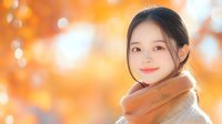 Young Asian woman wearing cozy beige scarf smiling warmly against blurred autumn background with golden bokeh lights and fall foliage creating seasonal atmosphere.