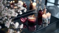 Romantic table setting with burgundy heart decoration, scented candles in glass holders, dried flowers, and ambient lighting for Valentine's Day, weddings, or special occasions.
