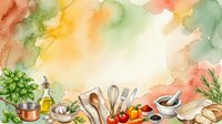 Watercolor cooking background with fresh vegetables, herbs, kitchen utensils and ingredients arranged around white space for recipe text or culinary design projects.