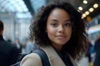 Young African American woman with curly hair smiling confidently in modern urban setting with blurred background lights and people for lifestyle content.