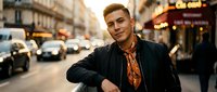 Young confident Caucasian man in black jacket and patterned shirt standing on busy city street with warm evening light and blurred traffic background.