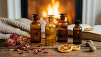 Amber glass bottles with essential oils and dried flowers on wooden table near cozy fireplace creating warm spa atmosphere for aromatherapy and wellness.