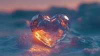 Glowing crystal heart on water surface at sunset, magical light emanating from within creates romantic atmosphere against blurred background.