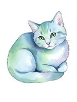 Watercolor cat illustration with pastel blue and green tones sitting peacefully on white background. Artistic pet portrait for greeting cards and home decor.